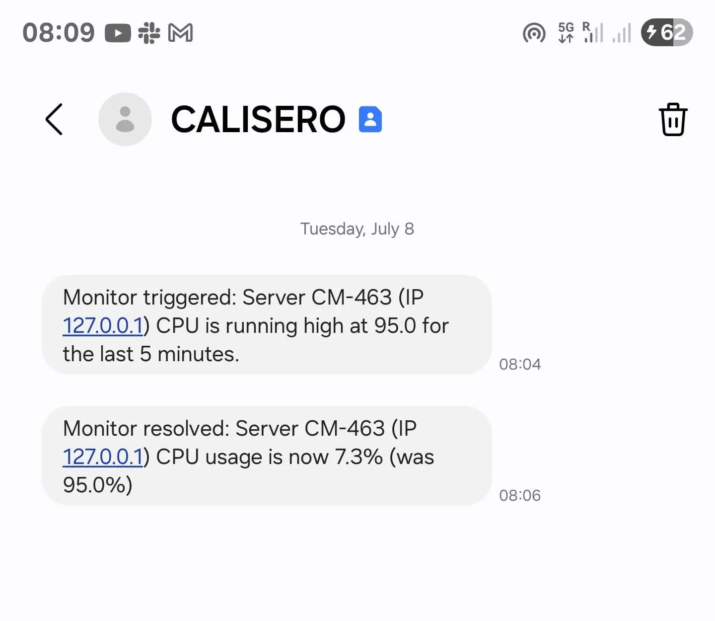 Alert SMS notification