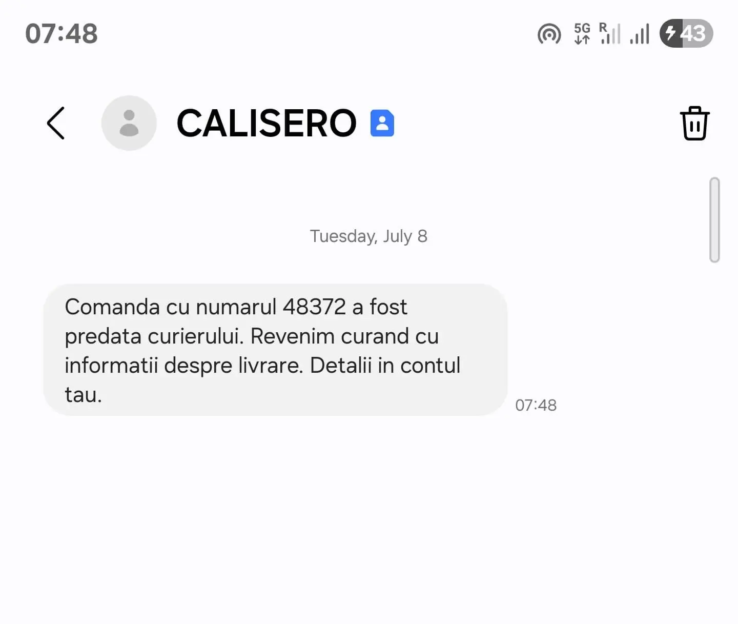 Order delivery SMS notification