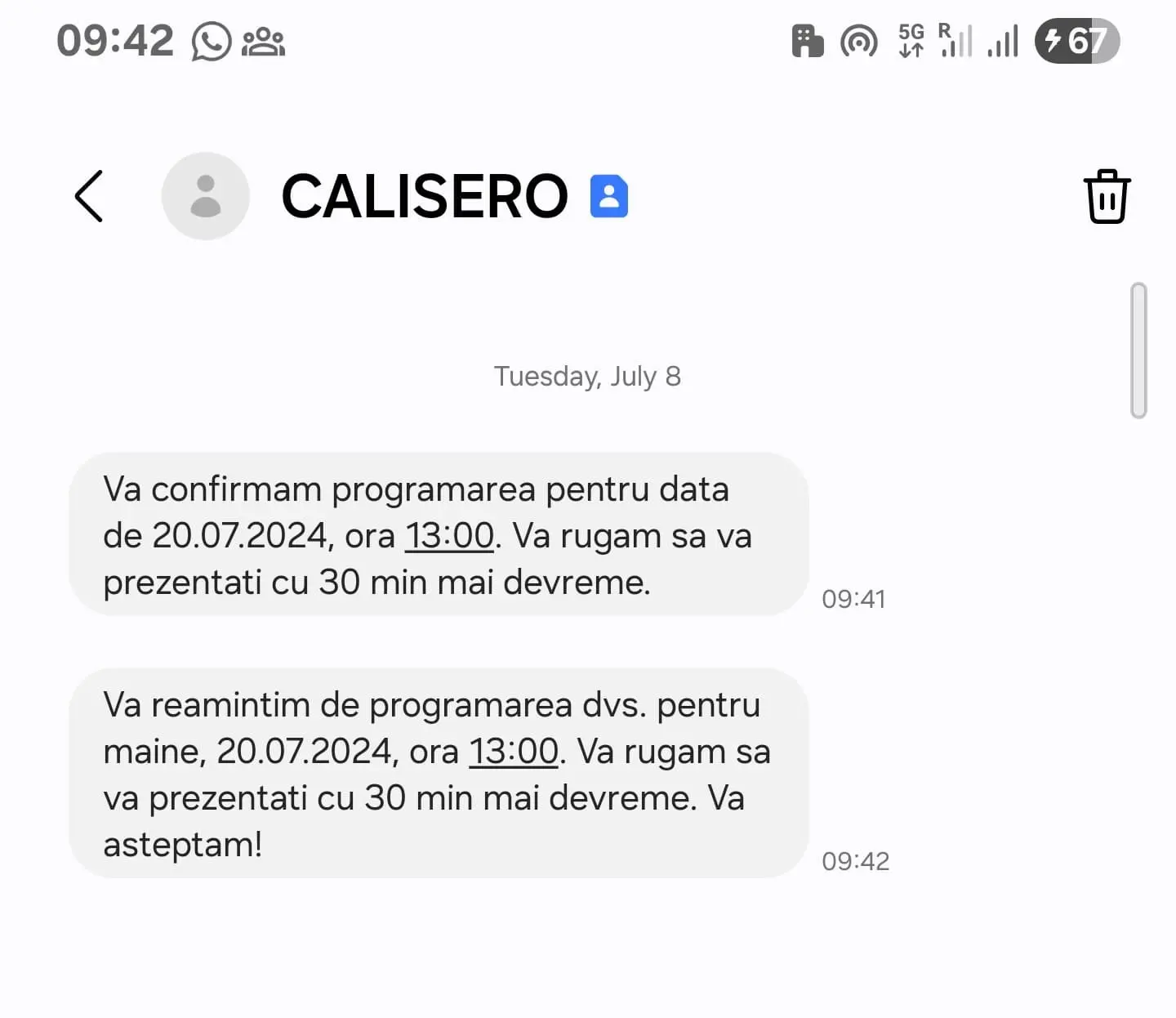 Reminder SMS notification