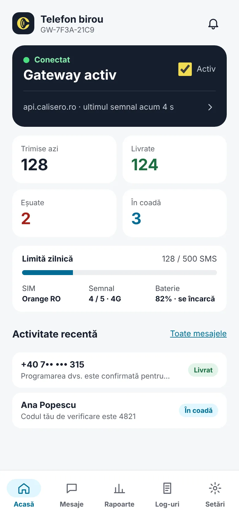 The home screen of the app with the gateway connected and the day's counters
