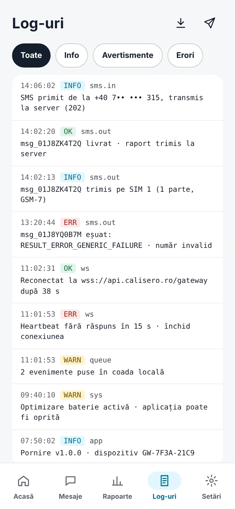 Logs, filtered by level