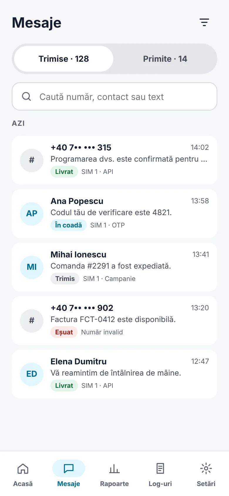 The list of sent and received messages with their statuses