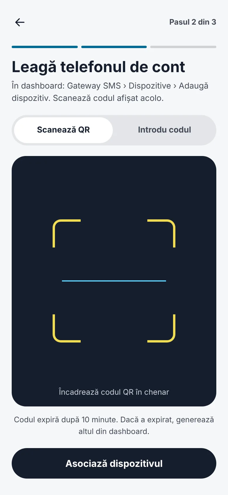 Pairing the phone by scanning the QR code from the dashboard