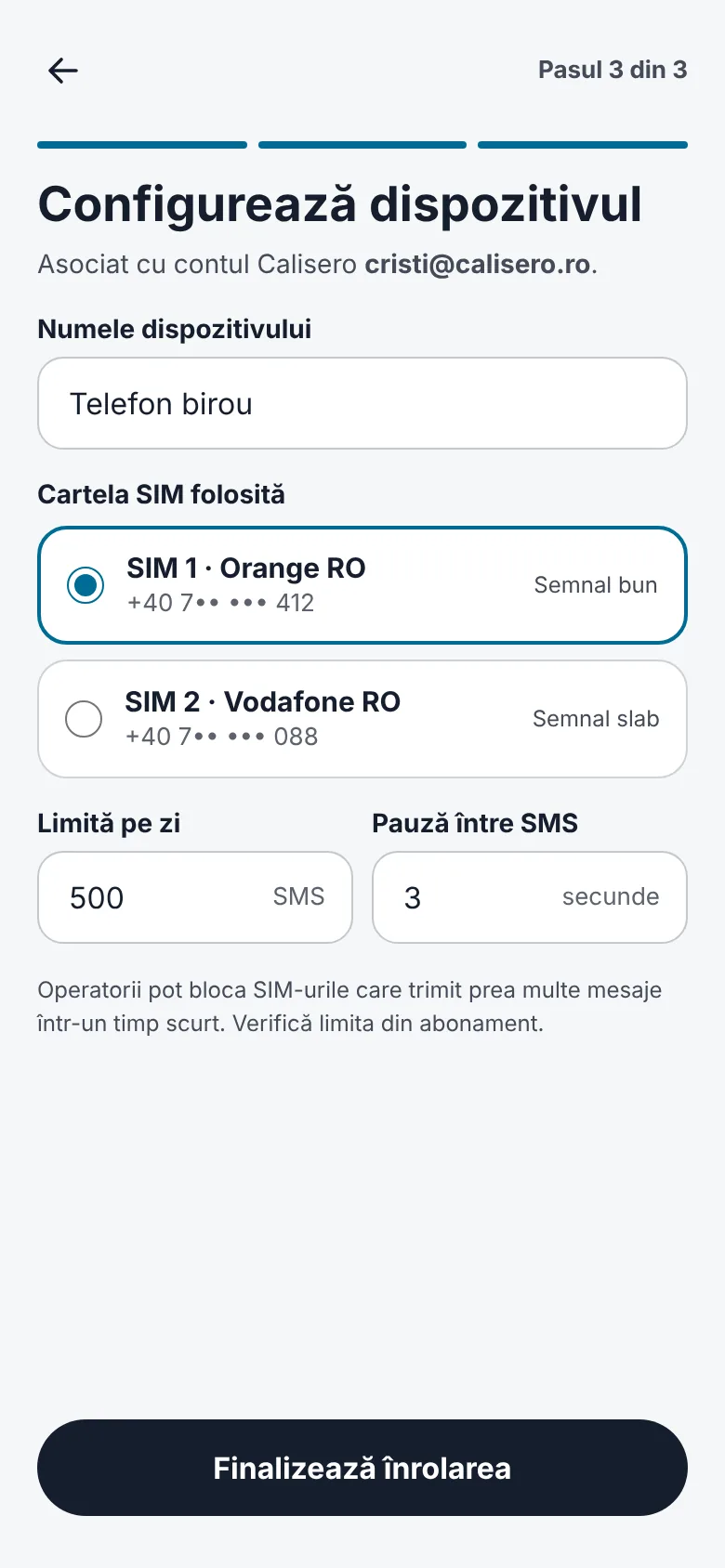 Choosing the SIM card, the daily limit and the pause between messages